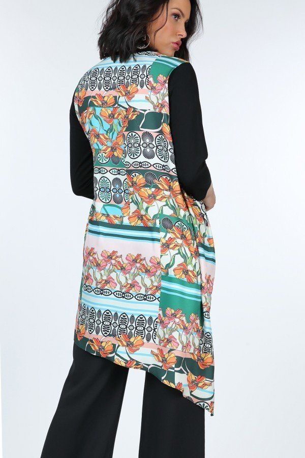 Asymmetrical Print High-Low Cotton Top – Black
