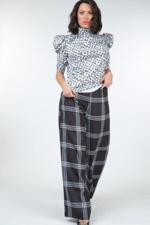 High Waist Plaid Print Wide-Leg Pants – Black/Off White