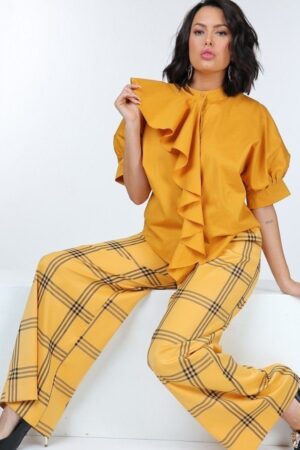 High-Waist Plaid Wide-Leg Pants – Golden Yellow/Black