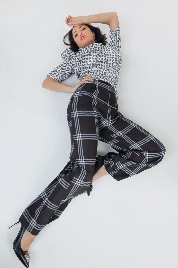 High Waist Plaid Print Wide-Leg Pants – Black/Off White