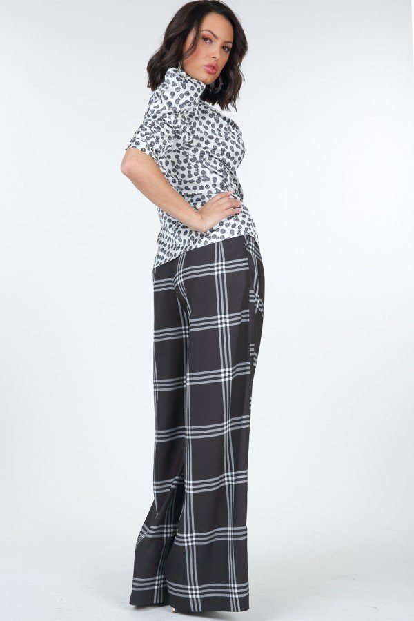 High Waist Plaid Print Wide-Leg Pants – Black/Off White