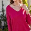 V-Neck Hi-Lo Sweater with Side Slit – Rose Red