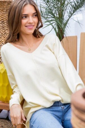 V-Neck Hi-Lo Sweater with Side Slit – Light Yellow
