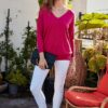 V-Neck Hi-Lo Sweater with Side Slit – Rose Red