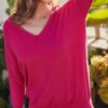 V-Neck Hi-Lo Sweater with Side Slit – Rose Red