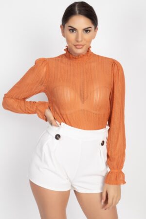 Ruffle Mock Neck Lace Top with Bell Cuffs – Cinnamon