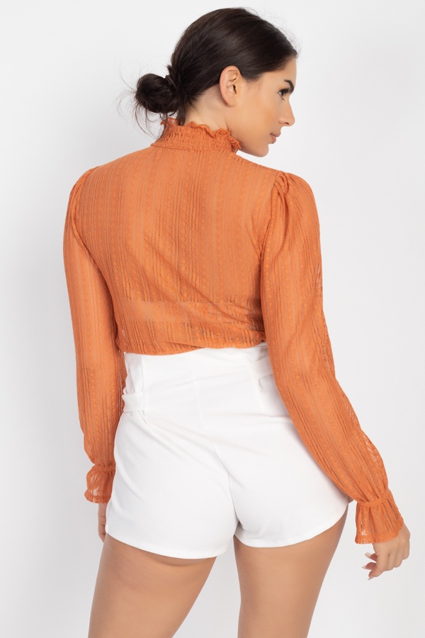Ruffle Mock Neck Lace Top with Bell Cuffs – Cinnamon