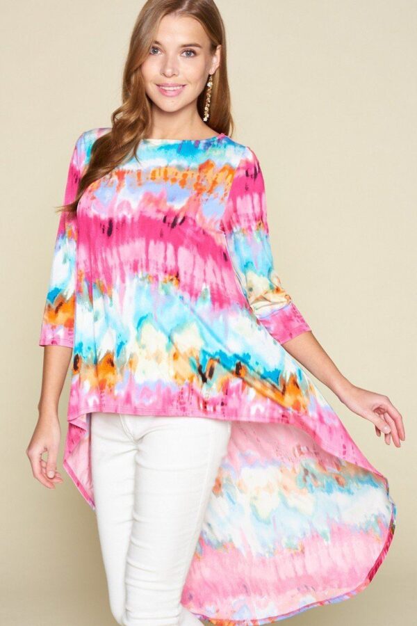 Tie-Dye Venechia High-Low Top with 3/4 Sleeves – Fuchsia