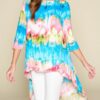 Venechia Tie-Dye High-Low Top with 3/4 Sleeves – Pink/Blue