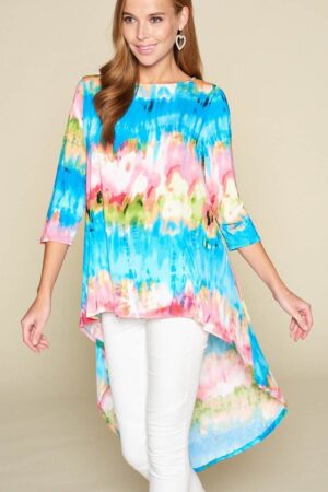 Venechia Tie-Dye High-Low Top with 3/4 Sleeves – Pink/Blue
