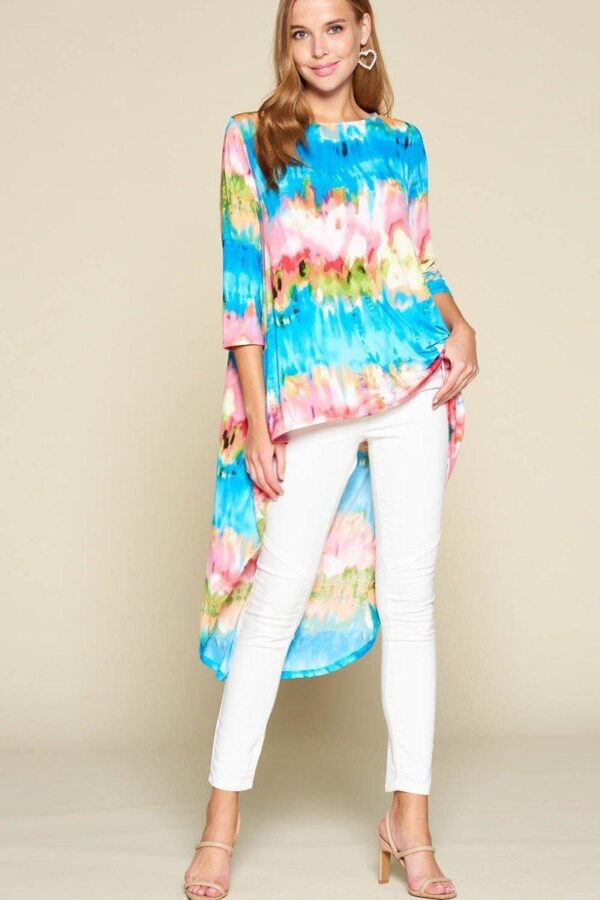 Venechia Tie-Dye High-Low Top with 3/4 Sleeves – Pink/Blue