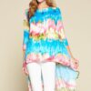 Venechia Tie-Dye High-Low Top with 3/4 Sleeves – Pink/Blue