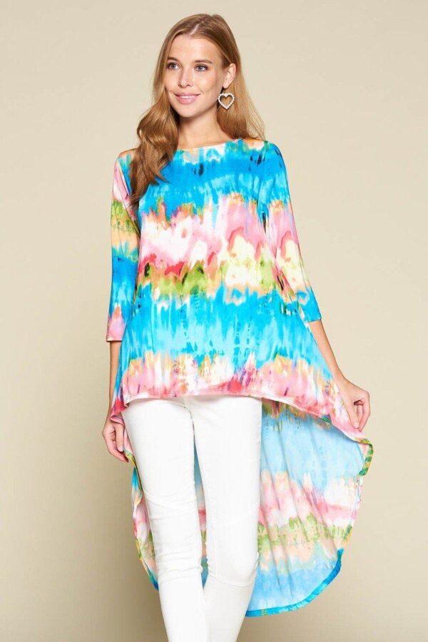 Venechia Tie-Dye High-Low Top with 3/4 Sleeves – Pink/Blue