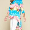 Venechia Tie-Dye High-Low Top with 3/4 Sleeves – Pink/Blue