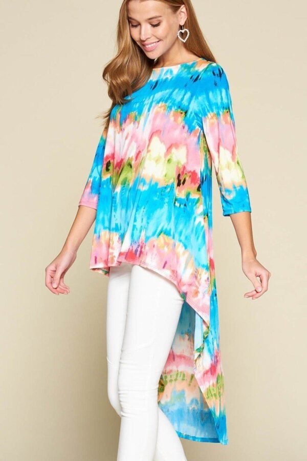 Venechia Tie-Dye High-Low Top with 3/4 Sleeves – Pink/Blue