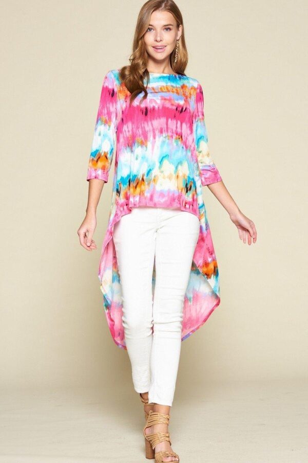 Tie-Dye Venechia High-Low Top with 3/4 Sleeves – Fuchsia