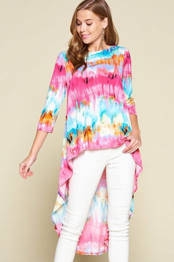 Tie-Dye Venechia High-Low Top with 3/4 Sleeves – Fuchsia