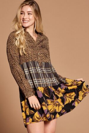Cheetah Print Button-Down Shirt Dress with Layered Skirt – Brown