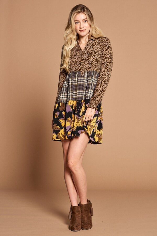 Cheetah Print Button-Down Shirt Dress with Layered Skirt – Brown