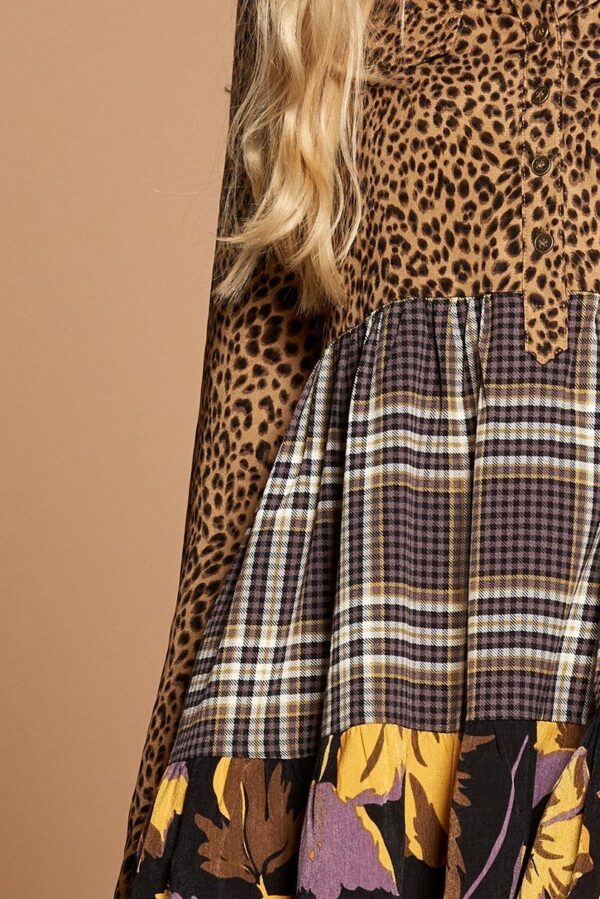 Cheetah Print Button-Down Shirt Dress with Layered Skirt – Brown