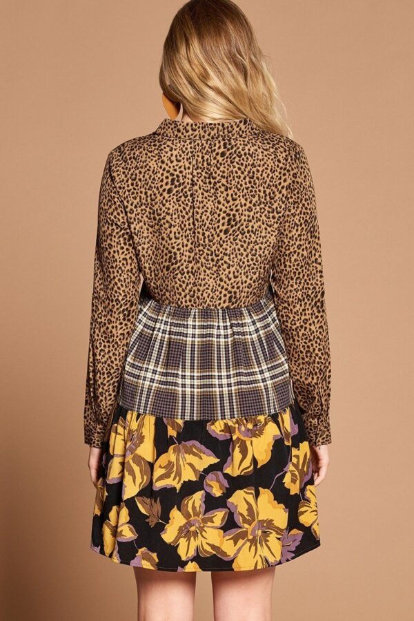 Cheetah Print Button-Down Shirt Dress with Layered Skirt – Brown