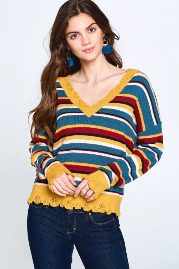 Variegated Striped V-Neck Knit Sweater – Multi/Mustard