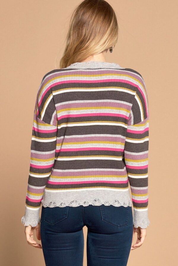 Variegated Striped V-Neck Knit Sweater – Multi/Grey