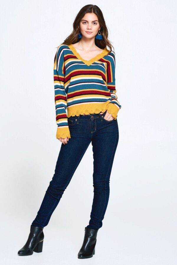 Variegated Striped V-Neck Knit Sweater – Multi/Mustard