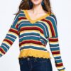 Variegated Striped V-Neck Knit Sweater – Multi/Mustard