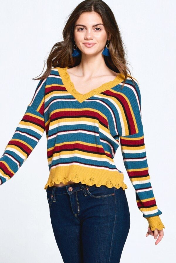 Variegated Striped V-Neck Knit Sweater – Multi/Mustard