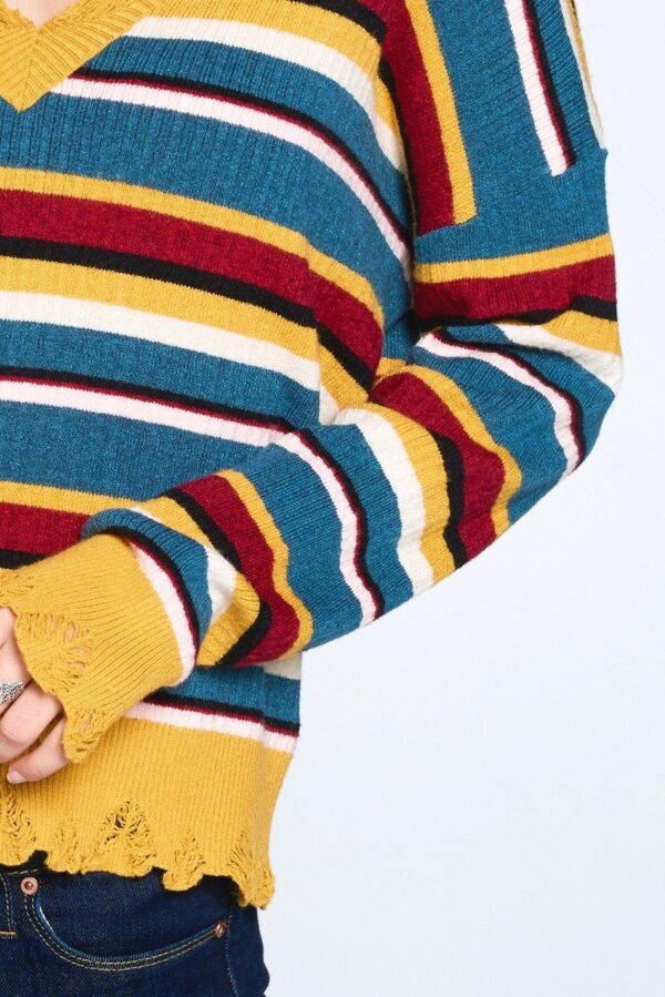 Variegated Striped V-Neck Knit Sweater – Multi/Mustard
