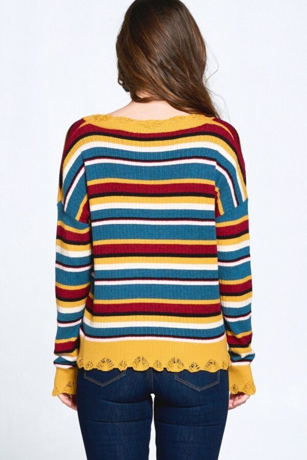 Variegated Striped V-Neck Knit Sweater – Multi/Mustard