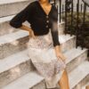 Floral-Print A-Line Midi Skirt – Color-Blocked Taupe