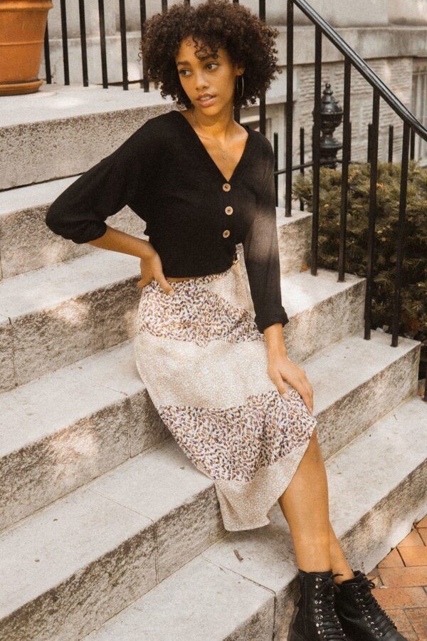 Floral-Print A-Line Midi Skirt – Color-Blocked Taupe