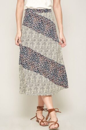 Floral-Print A-Line Midi Skirt – Color-Blocked Black