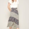 Floral-Print A-Line Midi Skirt – Color-Blocked Black