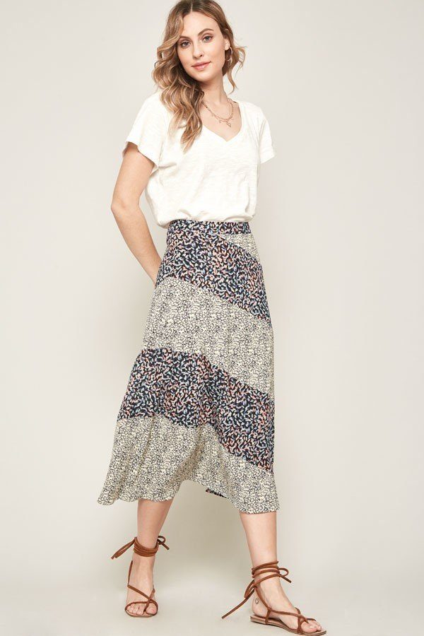 Floral-Print A-Line Midi Skirt – Color-Blocked Black