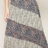 Floral-Print A-Line Midi Skirt – Color-Blocked Black
