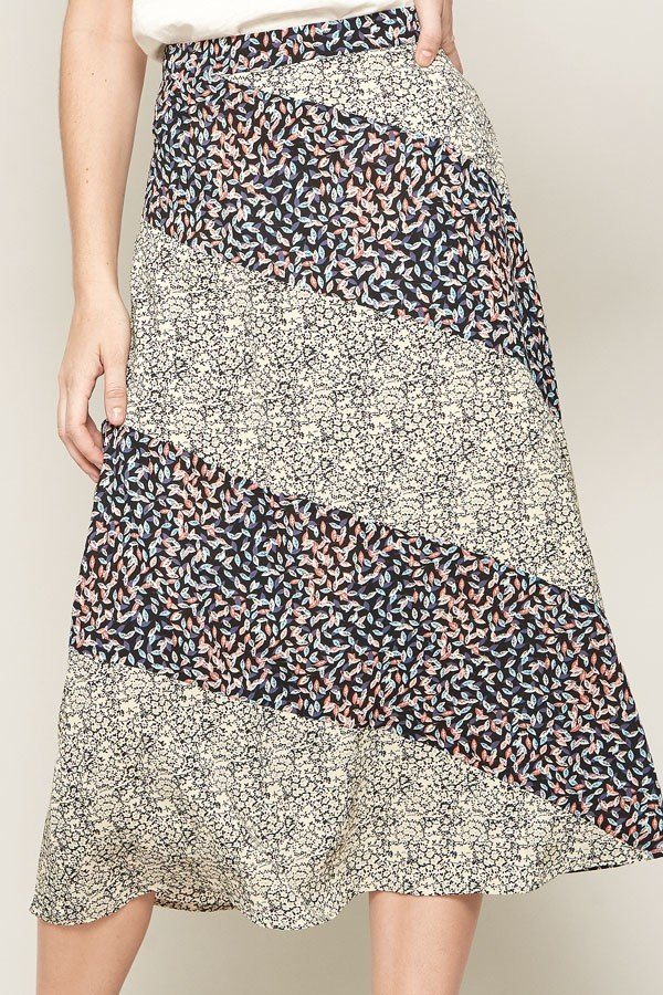 Floral-Print A-Line Midi Skirt – Color-Blocked Black