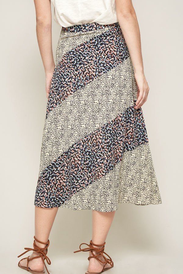 Floral-Print A-Line Midi Skirt – Color-Blocked Black