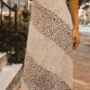 Floral-Print A-Line Midi Skirt – Color-Blocked Taupe