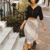 Floral-Print A-Line Midi Skirt – Color-Blocked Taupe