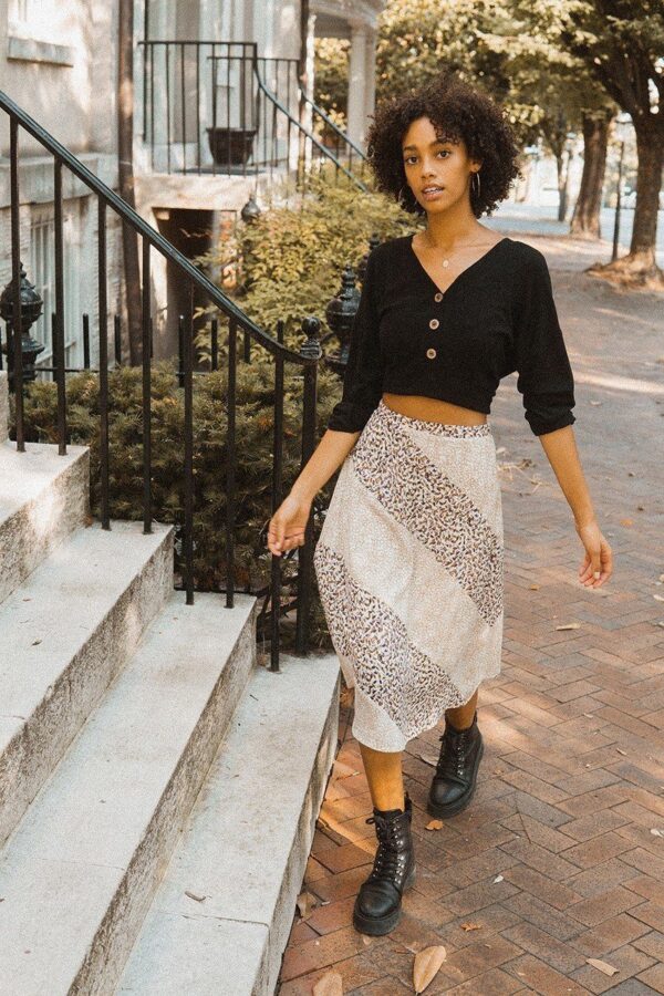 Floral-Print A-Line Midi Skirt – Color-Blocked Taupe