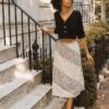 Floral-Print A-Line Midi Skirt – Color-Blocked Taupe