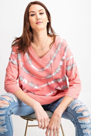 Washed 3/4-Sleeve Boxy Slub Top – Coral Boho