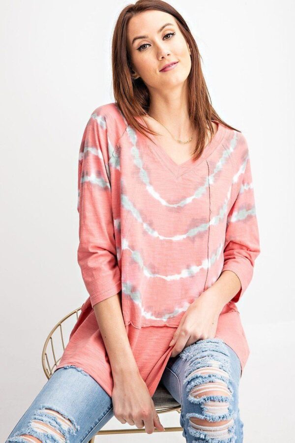 Washed 3/4-Sleeve Boxy Slub Top – Coral Boho