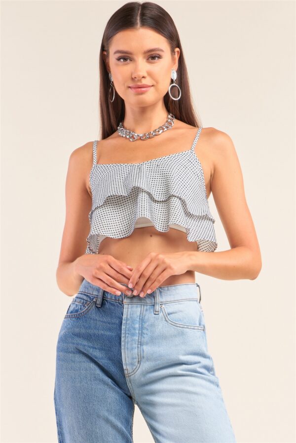 Polka Square Smock-Back Cropped Top – White/Navy