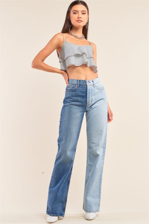Polka Square Smock-Back Cropped Top – White/Navy