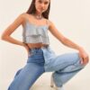 Polka Square Smock-Back Cropped Top – White/Navy