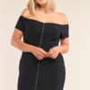 Plus Size Off-the-Shoulder Bodycon Mini Dress – Front Zipper, Black